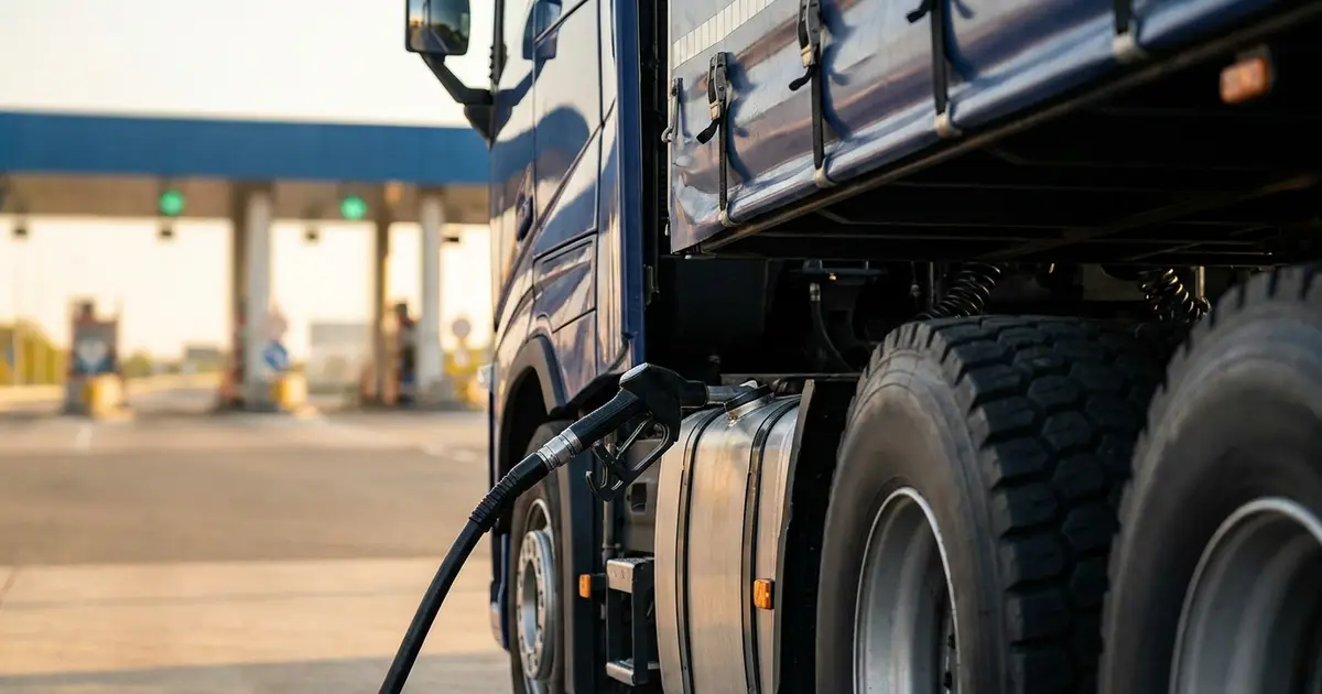 Caminhão de carga abastecendo diesel representando os créditos de IBS e CBS da transportadora em 2026