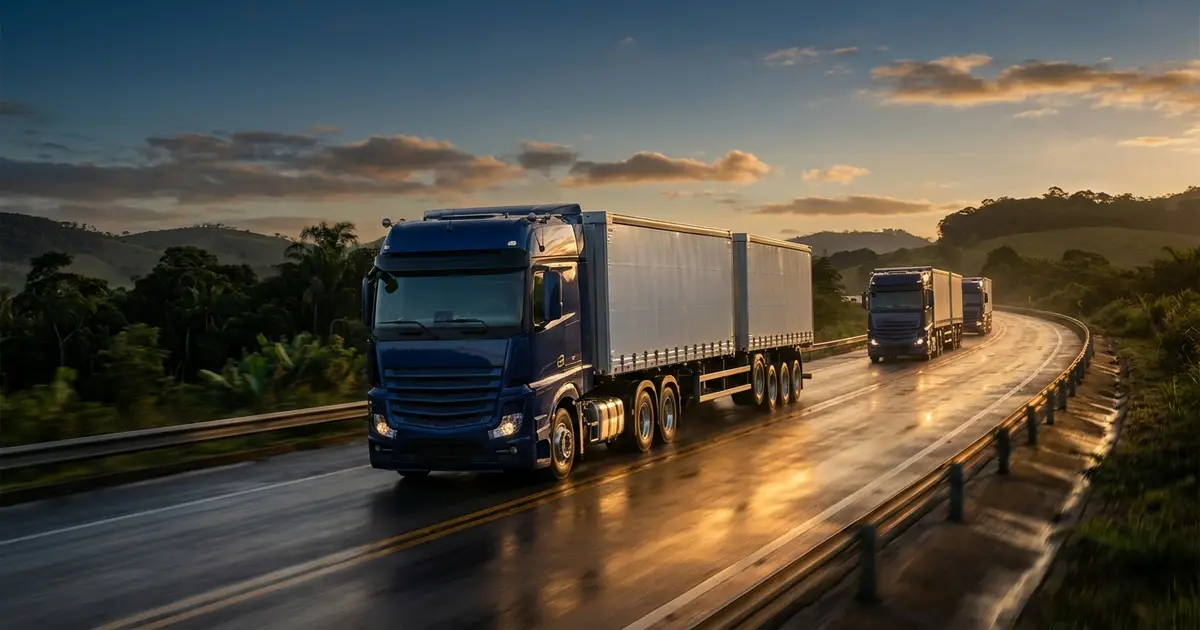 Comboio de caminhões de carga em rodovia ao amanhecer representando a Reforma Tributária aplicada ao transporte em 2026