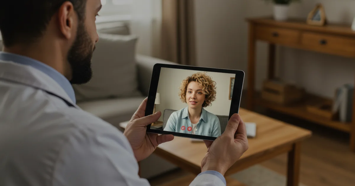Médica em consulta online em laptop com fone de ouvido em consultório com estetoscópio digital ao lado
